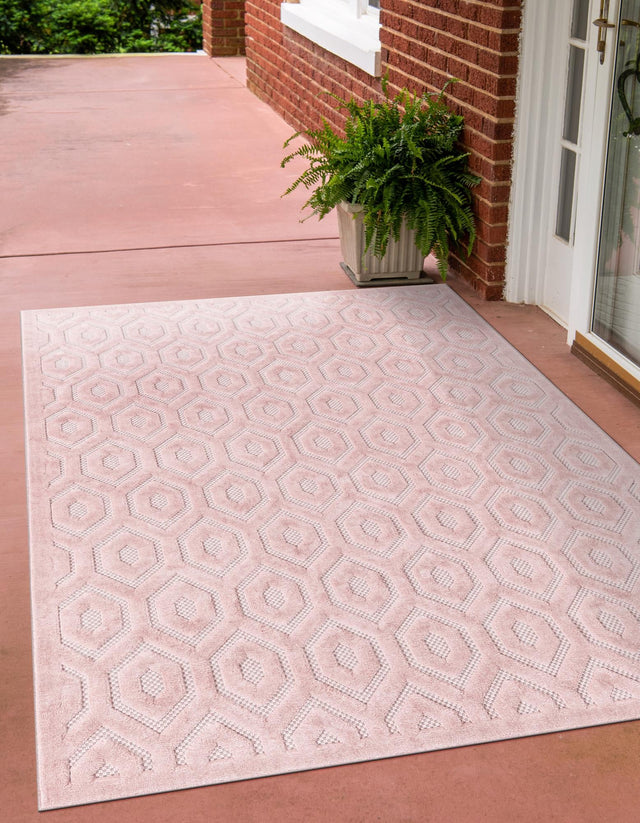 Pink 4' x 6' Outdoor Trellis Textured Rectangle Area Rug Weather Resistant for Patio, Deck, Terrace, Balcony, Porch Geometric Design Water Safe Outside Carpet for Sale at Rug Engine