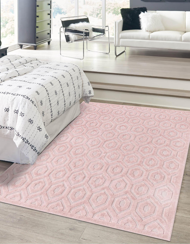 Pink 4' x 6' Outdoor Trellis Textured Rectangle Area Rug Weather Resistant for Patio, Deck, Terrace, Balcony, Porch Geometric Design Water Safe Outside Carpet for Sale at Rug Engine