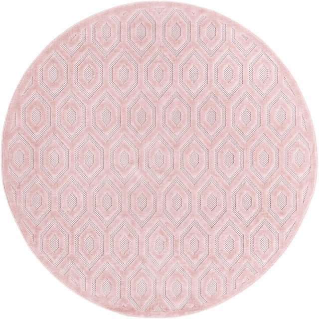 Pink 7' x 7' Outdoor Trellis Textured Round Area Rug Weather Resistant for Patio, Deck, Terrace, Balcony, Porch Geometric Design Water Safe Outside Carpet for Sale at Rug Engine