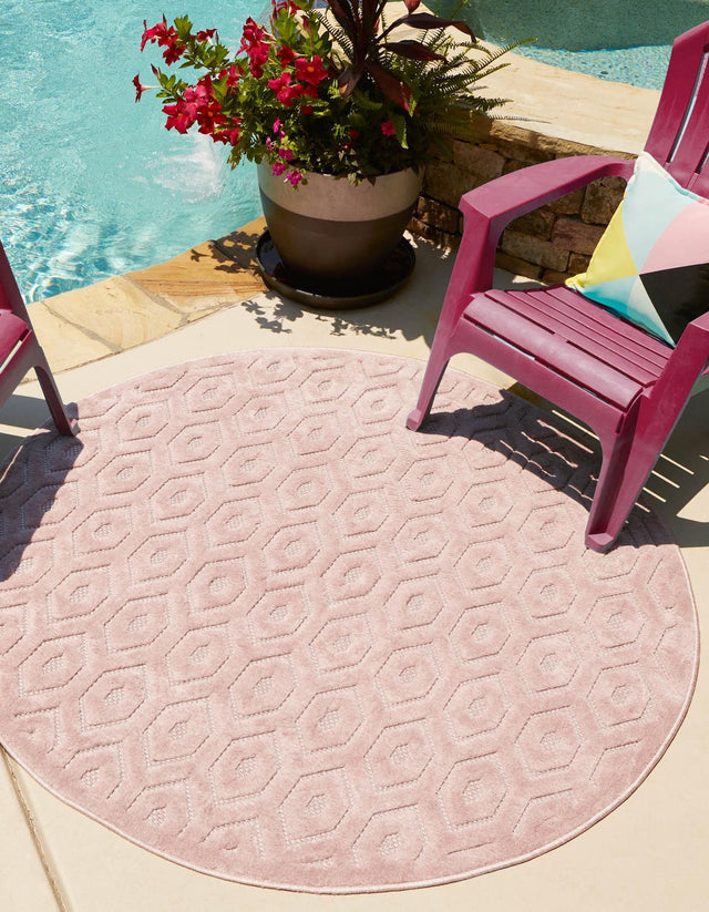 Pink 7' x 7' Outdoor Trellis Textured Round Area Rug Weather Resistant for Patio, Deck, Terrace, Balcony, Porch Geometric Design Water Safe Outside Carpet for Sale at Rug Engine