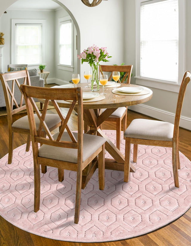 Pink 7' x 7' Outdoor Trellis Textured Round Area Rug Weather Resistant for Patio, Deck, Terrace, Balcony, Porch Geometric Design Water Safe Outside Carpet for Sale at Rug Engine