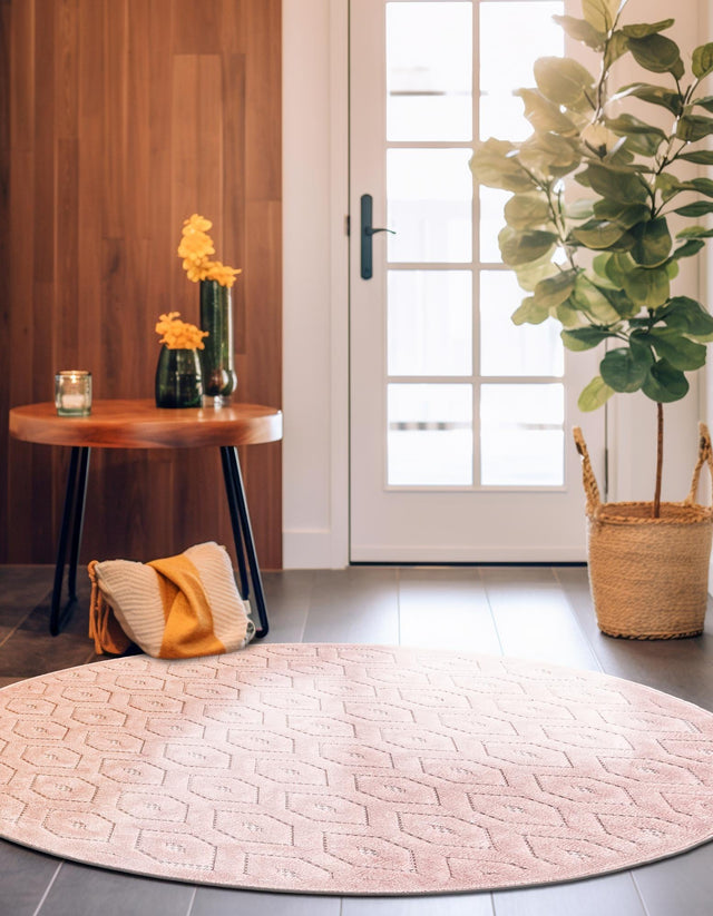 Pink 7' x 7' Outdoor Trellis Textured Round Area Rug Weather Resistant for Patio, Deck, Terrace, Balcony, Porch Geometric Design Water Safe Outside Carpet for Sale at Rug Engine