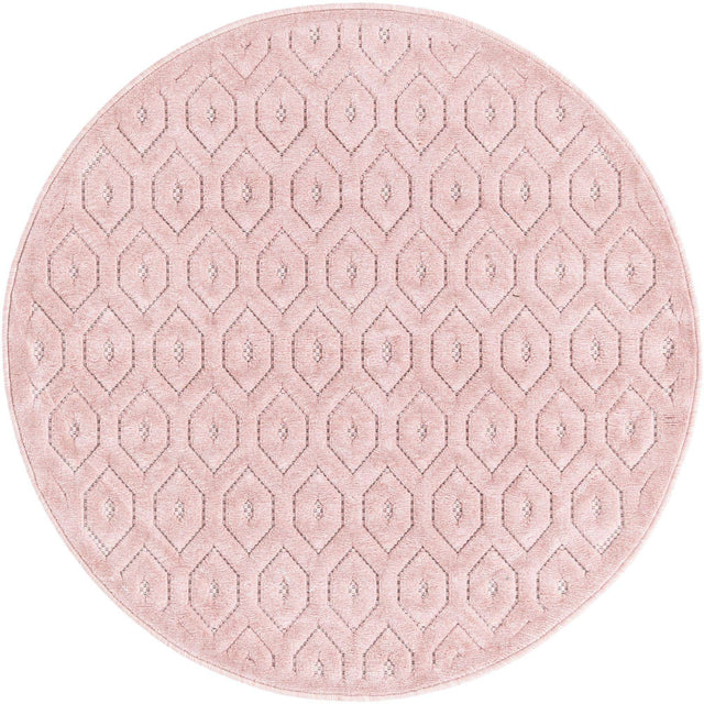 Pink 4' x 4' Outdoor Trellis Textured Round Area Rug Weather Resistant for Patio, Deck, Terrace, Balcony, Porch Geometric Design Water Safe Outside Carpet for Sale at Rug Engine