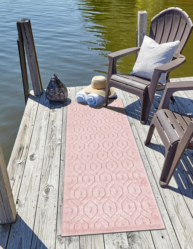 Pink 2' x 6' Outdoor Trellis Textured Runner Area Rug Weather Resistant for Patio, Deck, Terrace, Balcony, Porch Geometric Design Water Safe Outside Carpet for Sale at Rug Engine