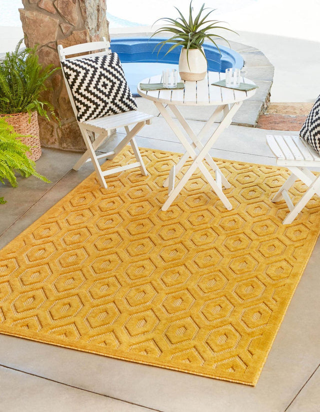 Yellow 6' x 9' Outdoor Trellis Textured Rectangle Area Rug Weather Resistant for Patio, Deck, Terrace, Balcony, Porch Geometric Design Water Safe Outside Carpet for Sale at Rug Engine
