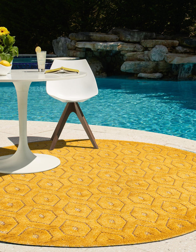 Yellow 3' x 3' Outdoor Trellis Textured Round Area Rug Weather Resistant for Patio, Deck, Terrace, Balcony, Porch Geometric Design Water Safe Outside Carpet for Sale at Rug Engine