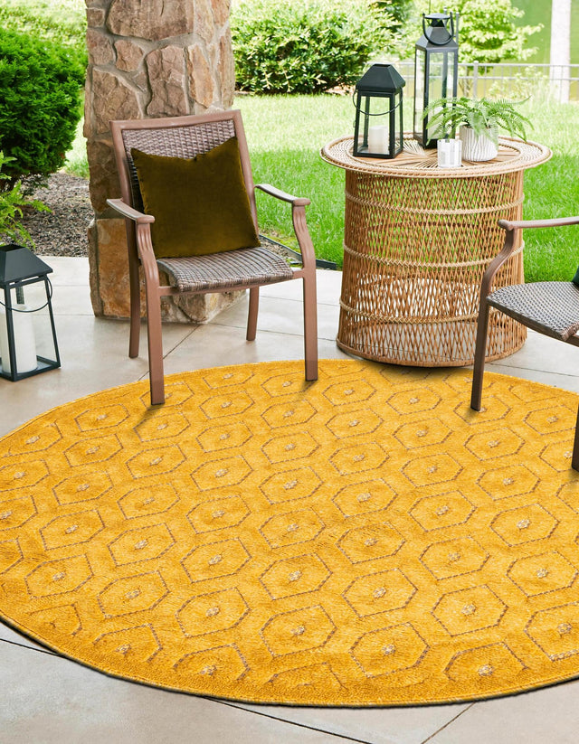 Yellow 3' x 3' Outdoor Trellis Textured Round Area Rug Weather Resistant for Patio, Deck, Terrace, Balcony, Porch Geometric Design Water Safe Outside Carpet for Sale at Rug Engine