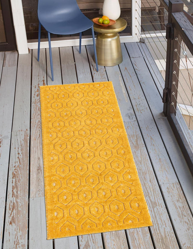 Yellow 2' x 6' Outdoor Trellis Textured Runner Area Rug Weather Resistant for Patio, Deck, Terrace, Balcony, Porch Geometric Design Water Safe Outside Carpet for Sale at Rug Engine
