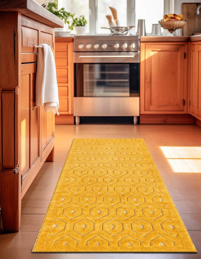 Yellow 2' x 6' Outdoor Trellis Textured Runner Area Rug Weather Resistant for Patio, Deck, Terrace, Balcony, Porch Geometric Design Water Safe Outside Carpet for Sale at Rug Engine
