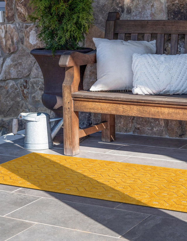 Yellow 2' x 6' Outdoor Trellis Textured Runner Area Rug Weather Resistant for Patio, Deck, Terrace, Balcony, Porch Geometric Design Water Safe Outside Carpet for Sale at Rug Engine