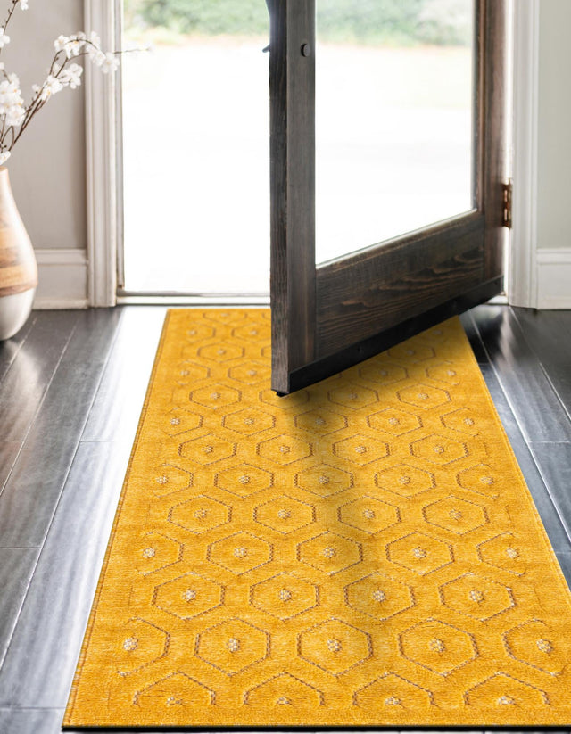 Yellow 2' x 6' Outdoor Trellis Textured Runner Area Rug Weather Resistant for Patio, Deck, Terrace, Balcony, Porch Geometric Design Water Safe Outside Carpet for Sale at Rug Engine