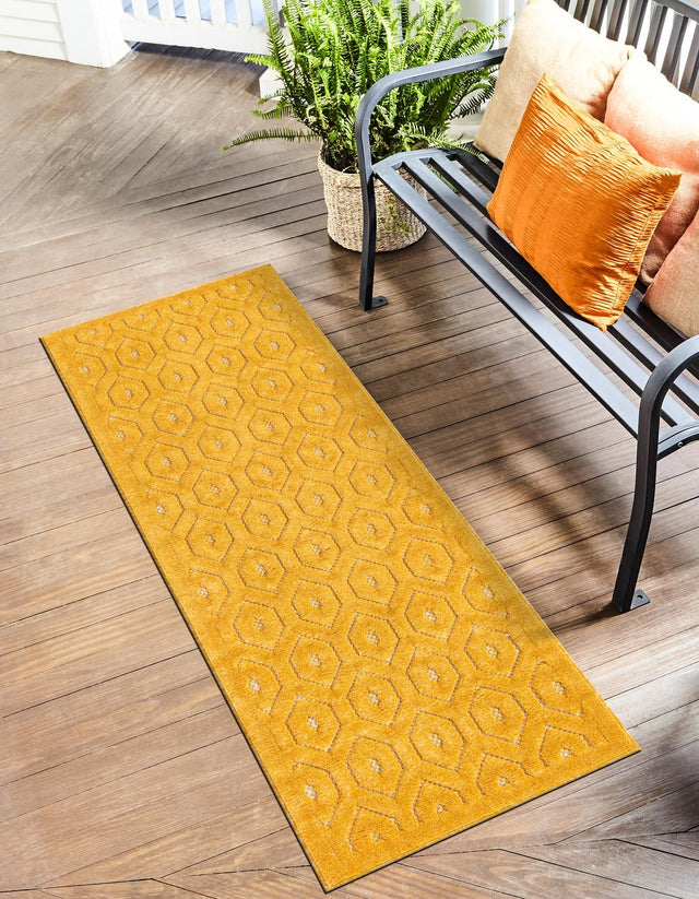 Yellow 2' x 6' Outdoor Trellis Textured Runner Area Rug Weather Resistant for Patio, Deck, Terrace, Balcony, Porch Geometric Design Water Safe Outside Carpet for Sale at Rug Engine