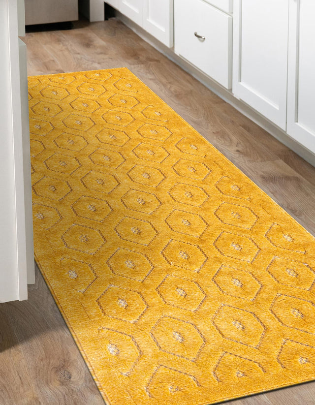 Yellow 2' x 6' Outdoor Trellis Textured Runner Area Rug Weather Resistant for Patio, Deck, Terrace, Balcony, Porch Geometric Design Water Safe Outside Carpet for Sale at Rug Engine