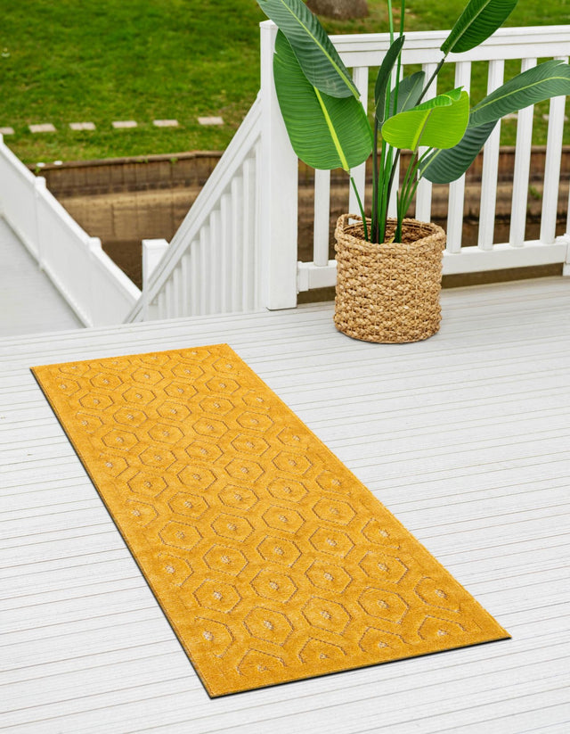 Yellow 2' x 6' Outdoor Trellis Textured Runner Area Rug Weather Resistant for Patio, Deck, Terrace, Balcony, Porch Geometric Design Water Safe Outside Carpet for Sale at Rug Engine