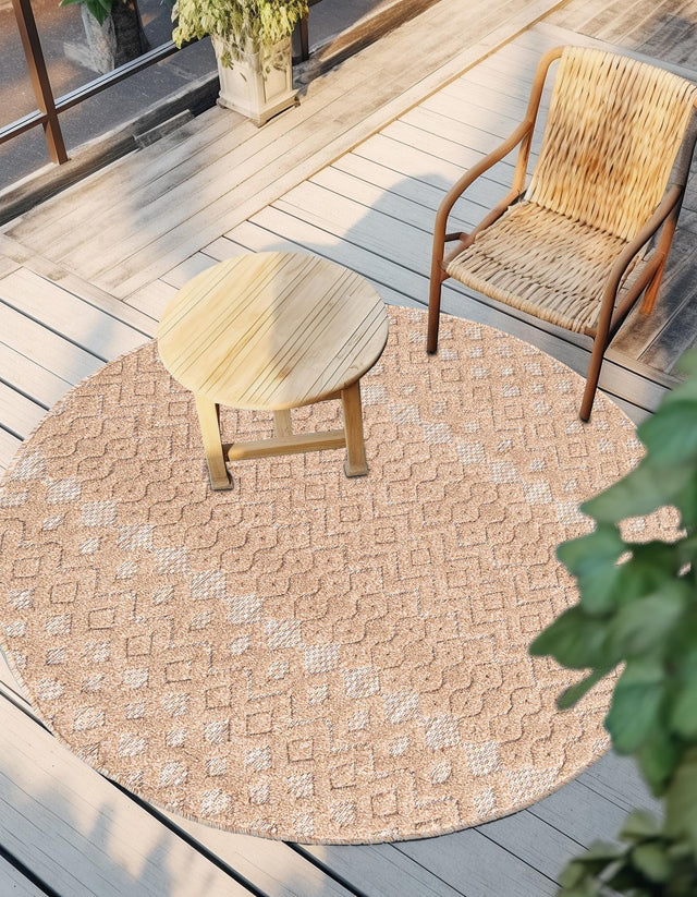 Beige 4' x 4' Outdoor Trellis Textured Round Area Rug Weather Resistant for Patio, Deck, Terrace, Balcony, Porch Geometric Design Water Safe Outside Carpet for Sale at Rug Engine