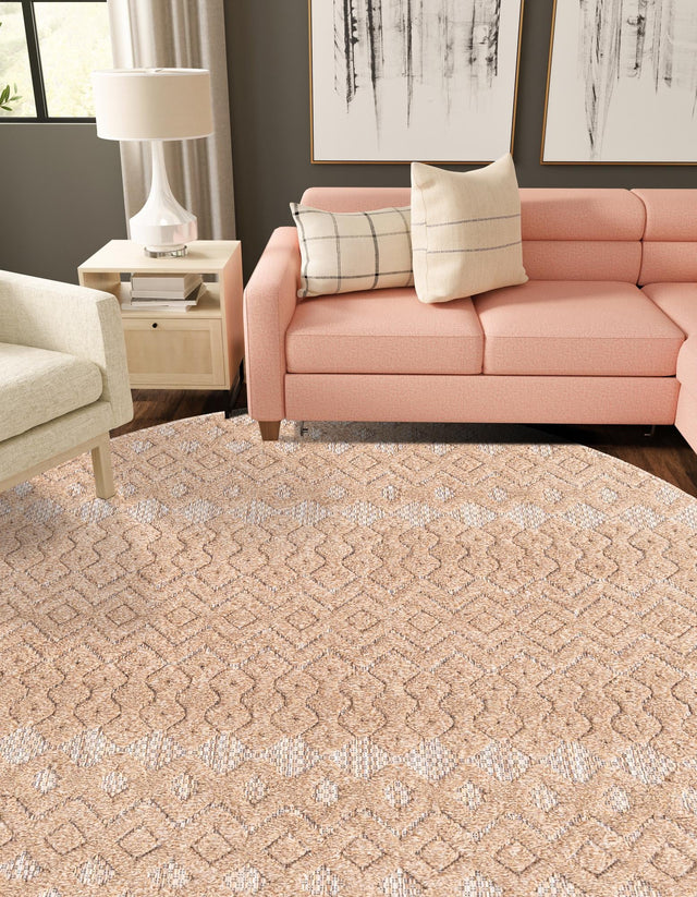 Beige 4' x 4' Outdoor Trellis Textured Round Area Rug Weather Resistant for Patio, Deck, Terrace, Balcony, Porch Geometric Design Water Safe Outside Carpet for Sale at Rug Engine