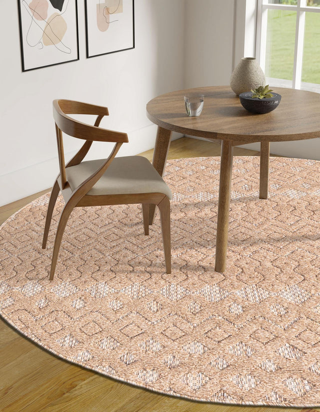 Beige 4' x 4' Outdoor Trellis Textured Round Area Rug Weather Resistant for Patio, Deck, Terrace, Balcony, Porch Geometric Design Water Safe Outside Carpet for Sale at Rug Engine