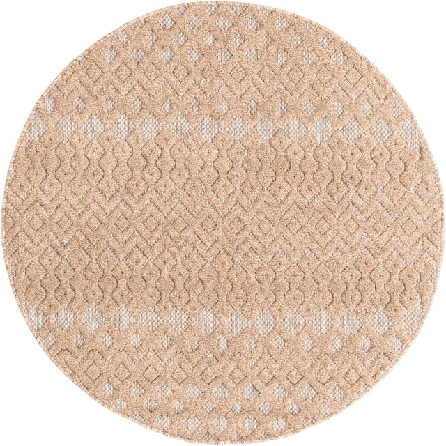 Beige 4' x 4' Outdoor Trellis Textured Round Area Rug Weather Resistant for Patio, Deck, Terrace, Balcony, Porch Geometric Design Water Safe Outside Carpet for Sale at Rug Engine