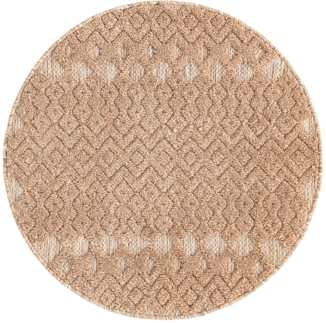 Beige 3' x 3' Outdoor Trellis Textured Round Area Rug Weather Resistant for Patio, Deck, Terrace, Balcony, Porch Geometric Design Water Safe Outside Carpet for Sale at Rug Engine