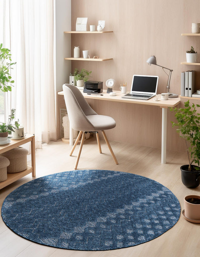 Navy Blue 5' 3 x 5' 3 Outdoor Trellis Textured Round Area Rug Weather Resistant for Patio, Deck, Terrace, Balcony, Porch Geometric Design Water Safe Outside Carpet for Sale at Rug Engine