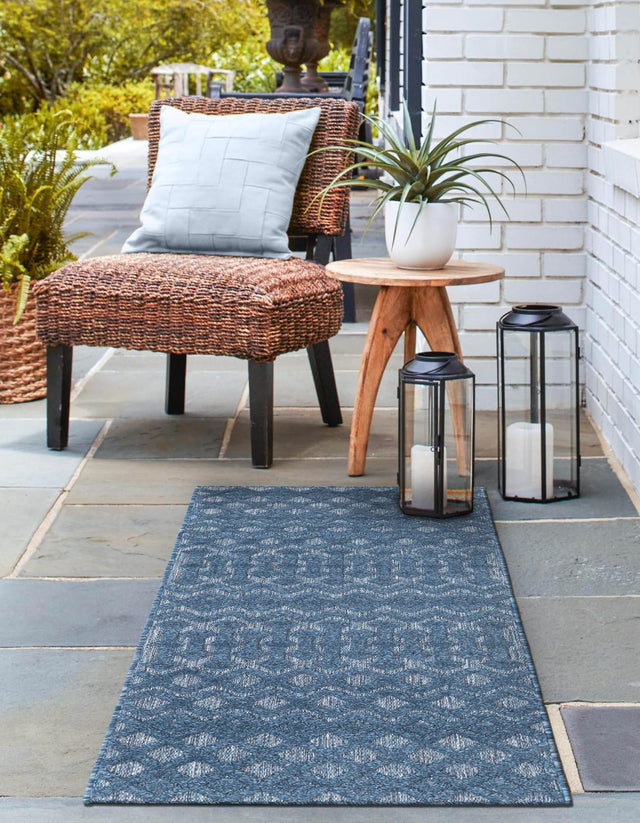 Navy Blue 2' x 8' Outdoor Trellis Textured Runner Area Rug Weather Resistant for Patio, Deck, Terrace, Balcony, Porch Geometric Design Water Safe Outside Carpet for Sale at Rug Engine