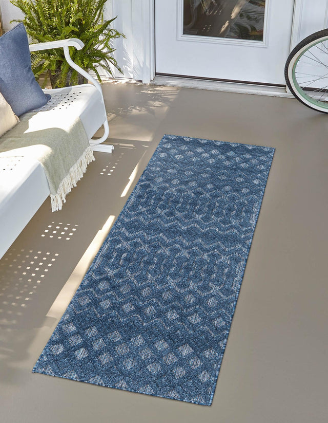 Navy Blue 2' x 6' Outdoor Trellis Textured Runner Area Rug Weather Resistant for Patio, Deck, Terrace, Balcony, Porch Geometric Design Water Safe Outside Carpet for Sale at Rug Engine