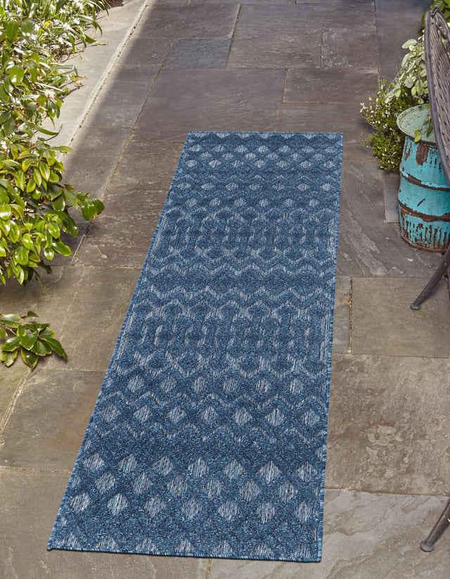 Navy Blue 2' x 8' Outdoor Trellis Textured Runner Area Rug Weather Resistant for Patio, Deck, Terrace, Balcony, Porch Geometric Design Water Safe Outside Carpet for Sale at Rug Engine