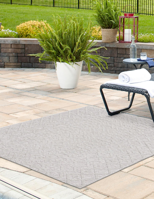 Grey 7' 10 x 7' 10 Outdoor Trellis Textured Square Area Rug Weather Resistant for Patio, Deck, Terrace, Balcony, Porch Geometric Design Water Safe Outside Carpet for Sale at Rug Engine