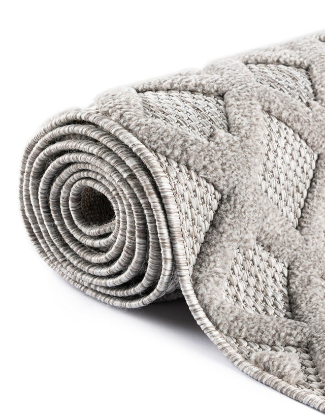 Grey 7' 10 x 7' 10 Outdoor Trellis Textured Square Area Rug Weather Resistant for Patio, Deck, Terrace, Balcony, Porch Geometric Design Water Safe Outside Carpet for Sale at Rug Engine