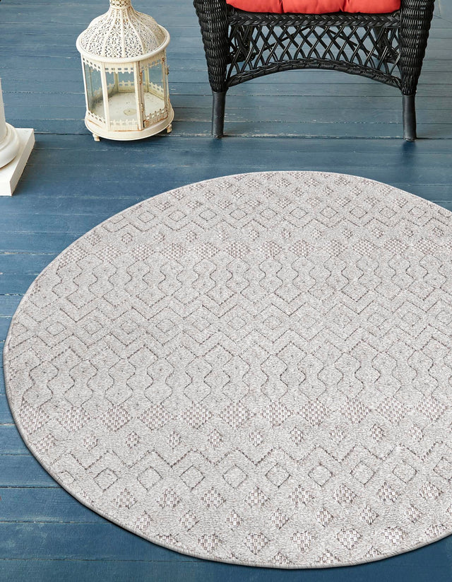 Grey 5' 3 x 5' 3 Outdoor Trellis Textured Round Area Rug Weather Resistant for Patio, Deck, Terrace, Balcony, Porch Geometric Design Water Safe Outside Carpet for Sale at Rug Engine