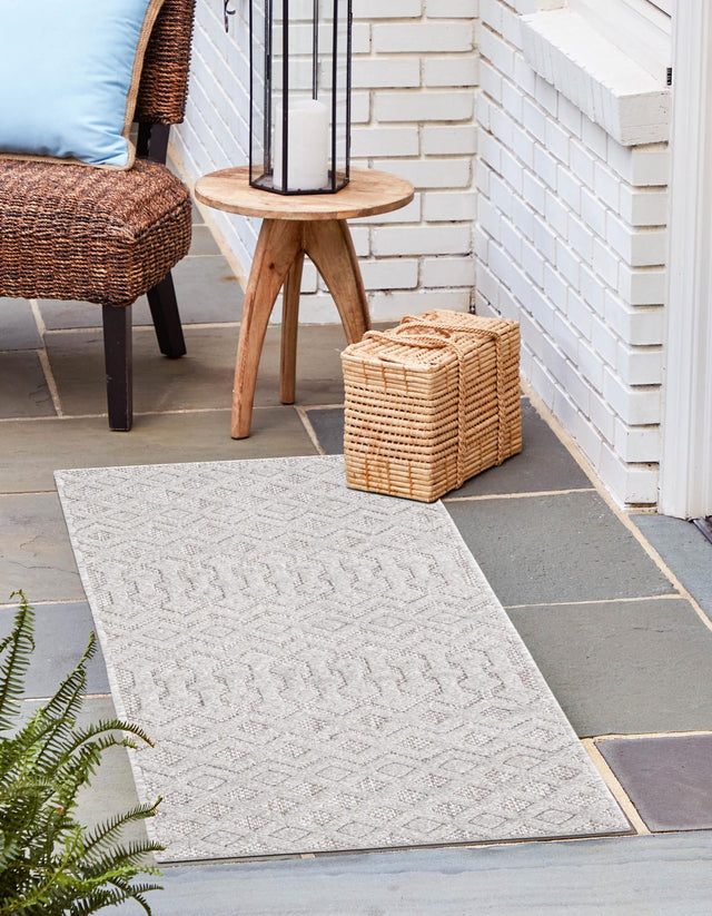 Grey 2' x 8' Outdoor Trellis Textured Runner Area Rug Weather Resistant for Patio, Deck, Terrace, Balcony, Porch Geometric Design Water Safe Outside Carpet for Sale at Rug Engine