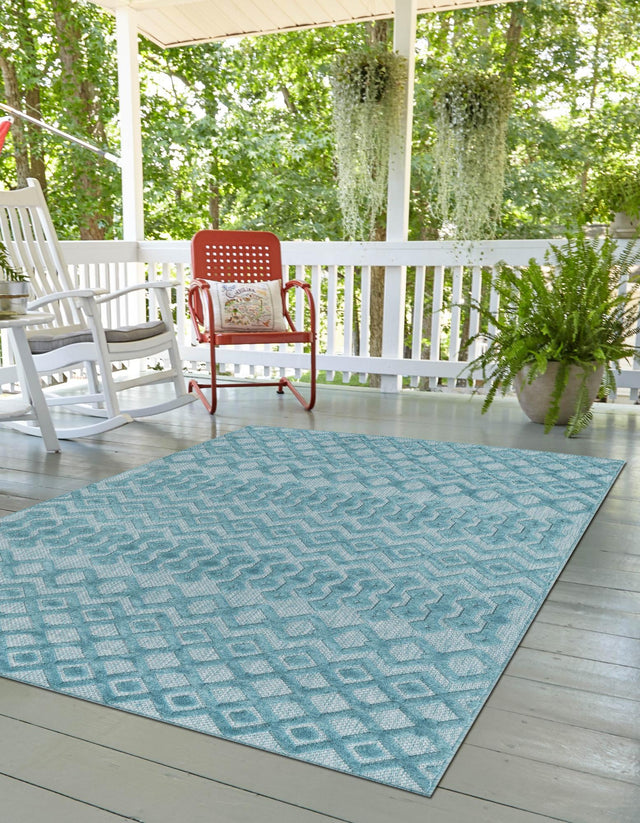 Aqua 5' 3 x 8' Outdoor Trellis Textured Rectangle Area Rug Weather Resistant for Patio, Deck, Terrace, Balcony, Porch Geometric Design Water Safe Outside Carpet for Sale at Rug Engine