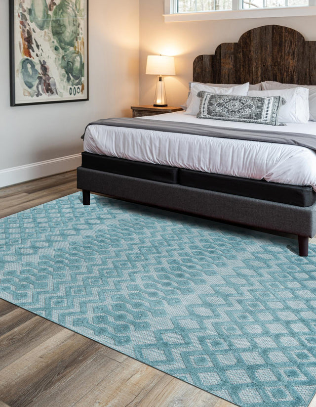 Aqua 7' 10 x 10' Outdoor Trellis Textured Rectangle Area Rug Weather Resistant for Patio, Deck, Terrace, Balcony, Porch Geometric Design Water Safe Outside Carpet for Sale at Rug Engine