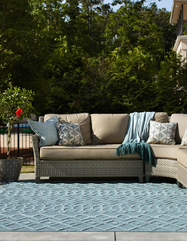 Aqua 7' 10 x 7' 10 Outdoor Trellis Textured Square Area Rug Weather Resistant for Patio, Deck, Terrace, Balcony, Porch Geometric Design Water Safe Outside Carpet for Sale at Rug Engine