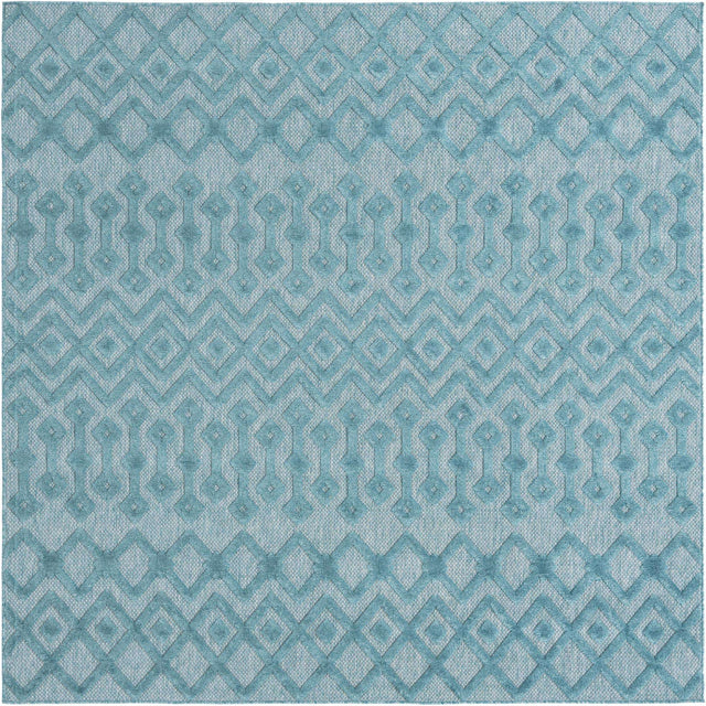 Aqua 7' 10 x 7' 10 Outdoor Trellis Textured Square Area Rug Weather Resistant for Patio, Deck, Terrace, Balcony, Porch Geometric Design Water Safe Outside Carpet for Sale at Rug Engine