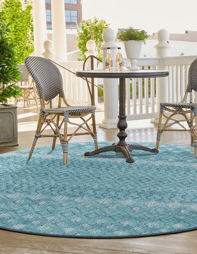 Aqua 4' x 4' Outdoor Trellis Textured Round Area Rug Weather Resistant for Patio, Deck, Terrace, Balcony, Porch Geometric Design Water Safe Outside Carpet for Sale at Rug Engine