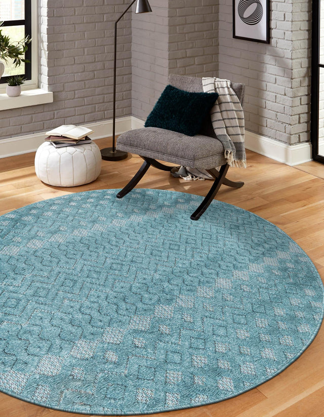 Aqua 4' x 4' Outdoor Trellis Textured Round Area Rug Weather Resistant for Patio, Deck, Terrace, Balcony, Porch Geometric Design Water Safe Outside Carpet for Sale at Rug Engine