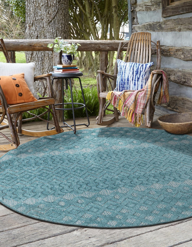 Aqua 4' x 4' Outdoor Trellis Textured Round Area Rug Weather Resistant for Patio, Deck, Terrace, Balcony, Porch Geometric Design Water Safe Outside Carpet for Sale at Rug Engine
