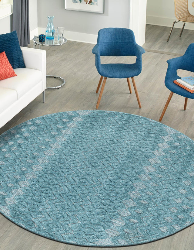 Aqua 4' x 4' Outdoor Trellis Textured Round Area Rug Weather Resistant for Patio, Deck, Terrace, Balcony, Porch Geometric Design Water Safe Outside Carpet for Sale at Rug Engine