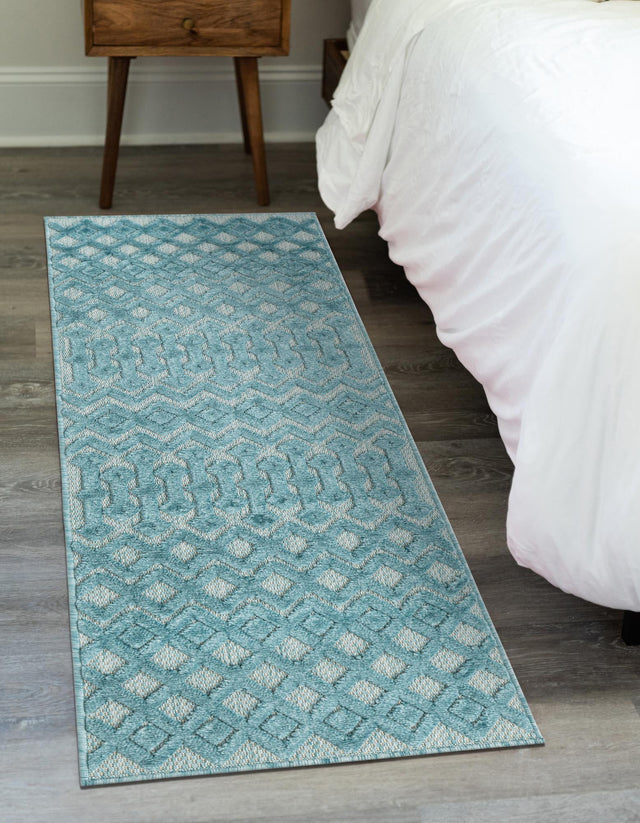 Aqua 2' x 8' Outdoor Trellis Textured Runner Area Rug Weather Resistant for Patio, Deck, Terrace, Balcony, Porch Geometric Design Water Safe Outside Carpet for Sale at Rug Engine