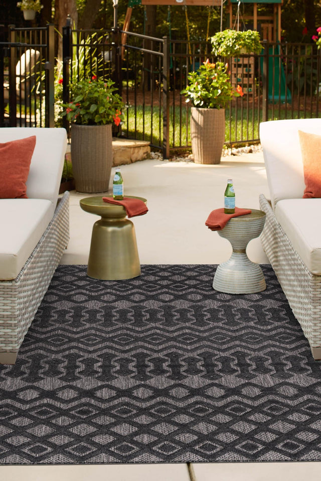 Charcoal 5' 3 x 8' Outdoor Trellis Textured Rectangle Area Rug Weather Resistant for Patio, Deck, Terrace, Balcony, Porch Geometric Design Water Safe Outside Carpet for Sale at Rug Engine