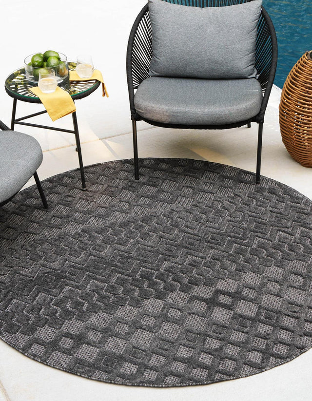 Charcoal 5' 3 x 5' 3 Outdoor Trellis Textured Round Area Rug Weather Resistant for Patio, Deck, Terrace, Balcony, Porch Geometric Design Water Safe Outside Carpet for Sale at Rug Engine