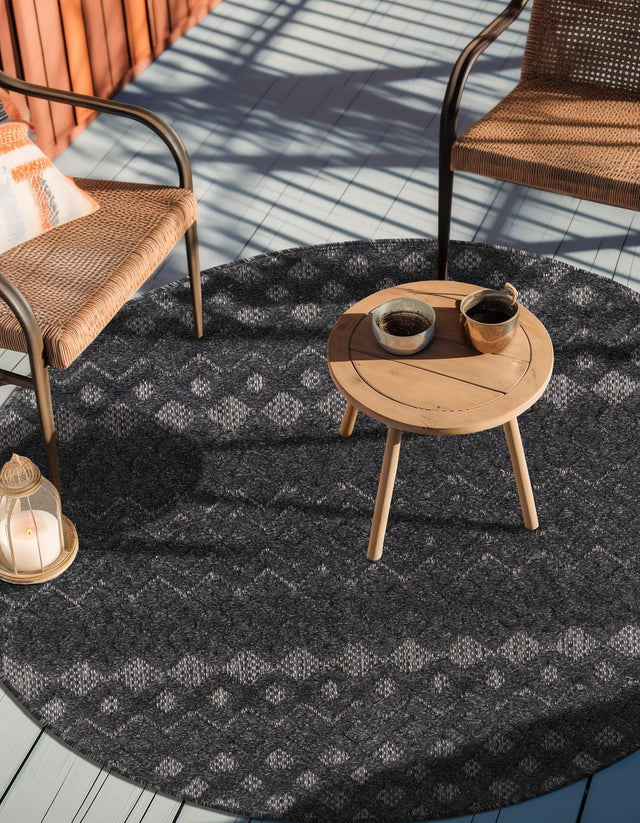 Charcoal 5' 3 x 5' 3 Outdoor Trellis Textured Round Area Rug Weather Resistant for Patio, Deck, Terrace, Balcony, Porch Geometric Design Water Safe Outside Carpet for Sale at Rug Engine
