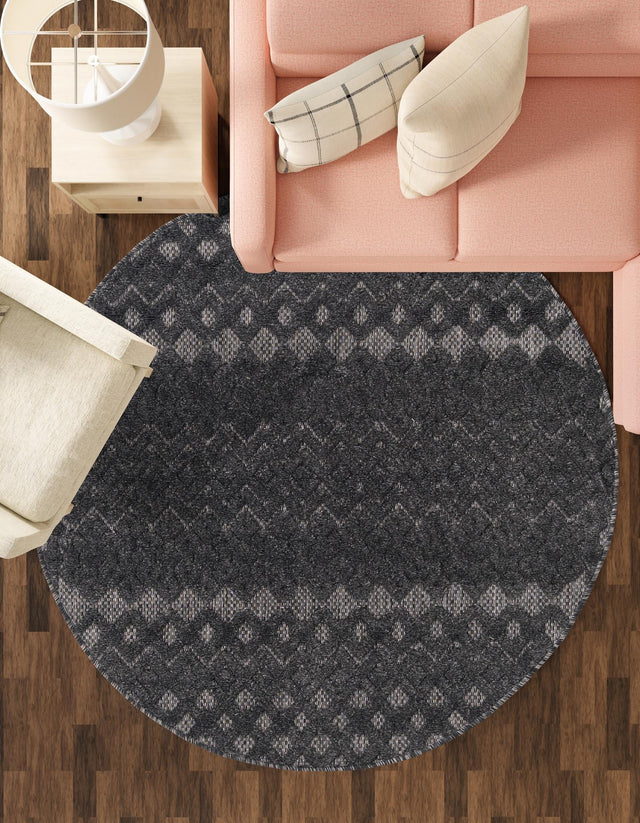 Charcoal 5' 3 x 5' 3 Outdoor Trellis Textured Round Area Rug Weather Resistant for Patio, Deck, Terrace, Balcony, Porch Geometric Design Water Safe Outside Carpet for Sale at Rug Engine
