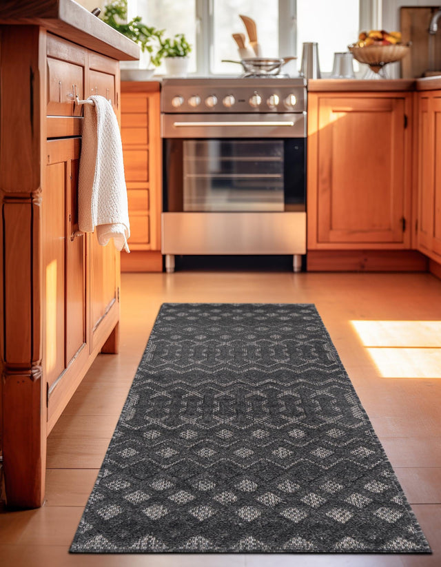 Charcoal 2' x 8' Outdoor Trellis Textured Runner Area Rug Weather Resistant for Patio, Deck, Terrace, Balcony, Porch Geometric Design Water Safe Outside Carpet for Sale at Rug Engine