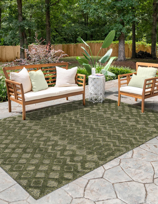 Green 9' x 12' Outdoor Trellis Textured Rectangle Area Rug Weather Resistant for Patio, Deck, Terrace, Balcony, Porch Geometric Design Water Safe Outside Carpet for Sale at Rug Engine