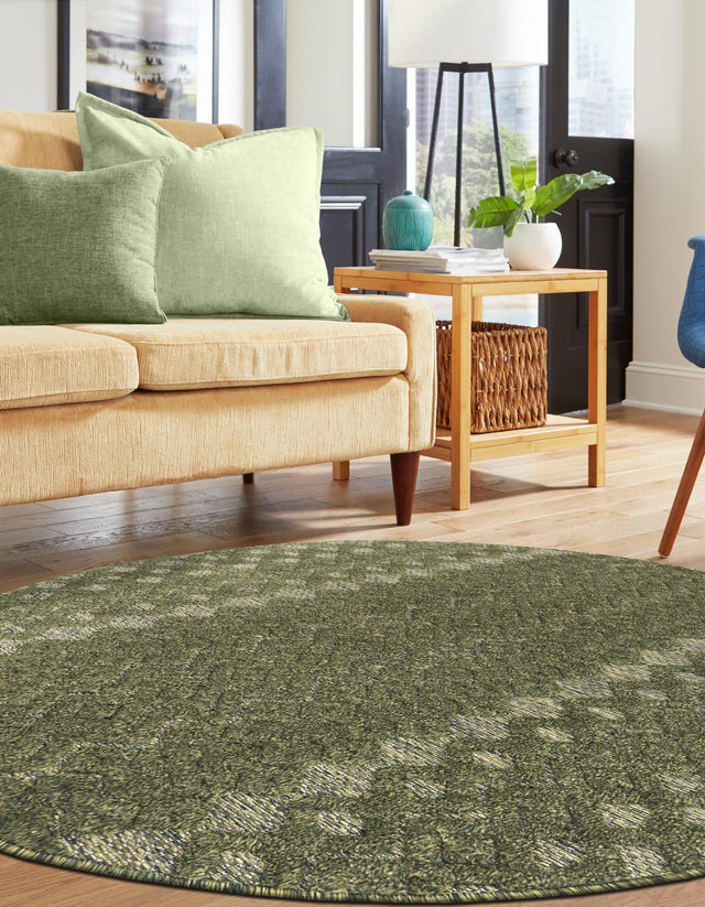 Green 5' 3 x 5' 3 Outdoor Trellis Textured Round Area Rug Weather Resistant for Patio, Deck, Terrace, Balcony, Porch Geometric Design Water Safe Outside Carpet for Sale at Rug Engine