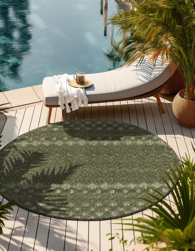 Green 5' 3 x 5' 3 Outdoor Trellis Textured Round Area Rug Weather Resistant for Patio, Deck, Terrace, Balcony, Porch Geometric Design Water Safe Outside Carpet for Sale at Rug Engine