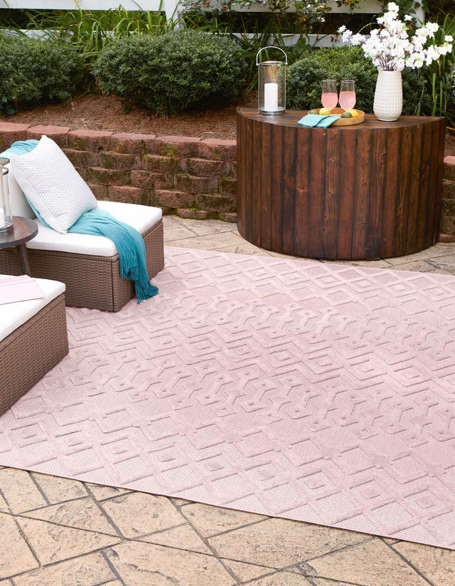 Pink 7' 10 x 7' 10 Outdoor Trellis Textured Square Area Rug Weather Resistant for Patio, Deck, Terrace, Balcony, Porch Geometric Design Water Safe Outside Carpet for Sale at Rug Engine
