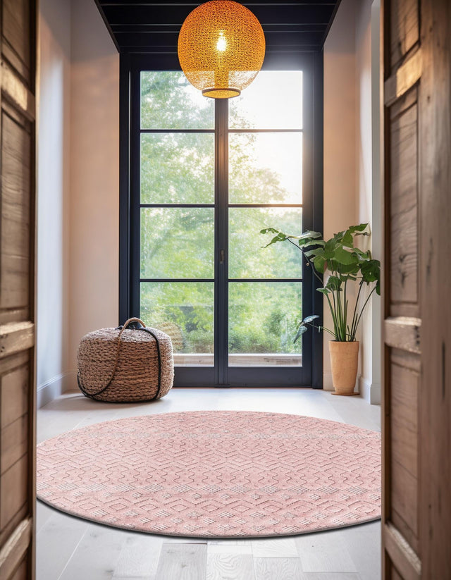 Pink 5' 3 x 5' 3 Outdoor Trellis Textured Round Area Rug Weather Resistant for Patio, Deck, Terrace, Balcony, Porch Geometric Design Water Safe Outside Carpet for Sale at Rug Engine
